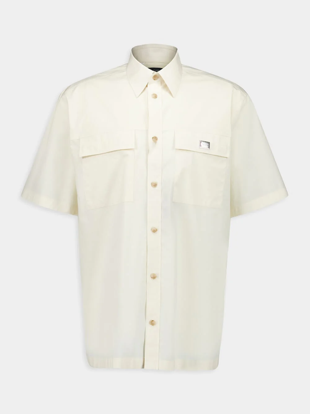 Beige Poplin Hawaiian Shirt with Metal Logo Tag