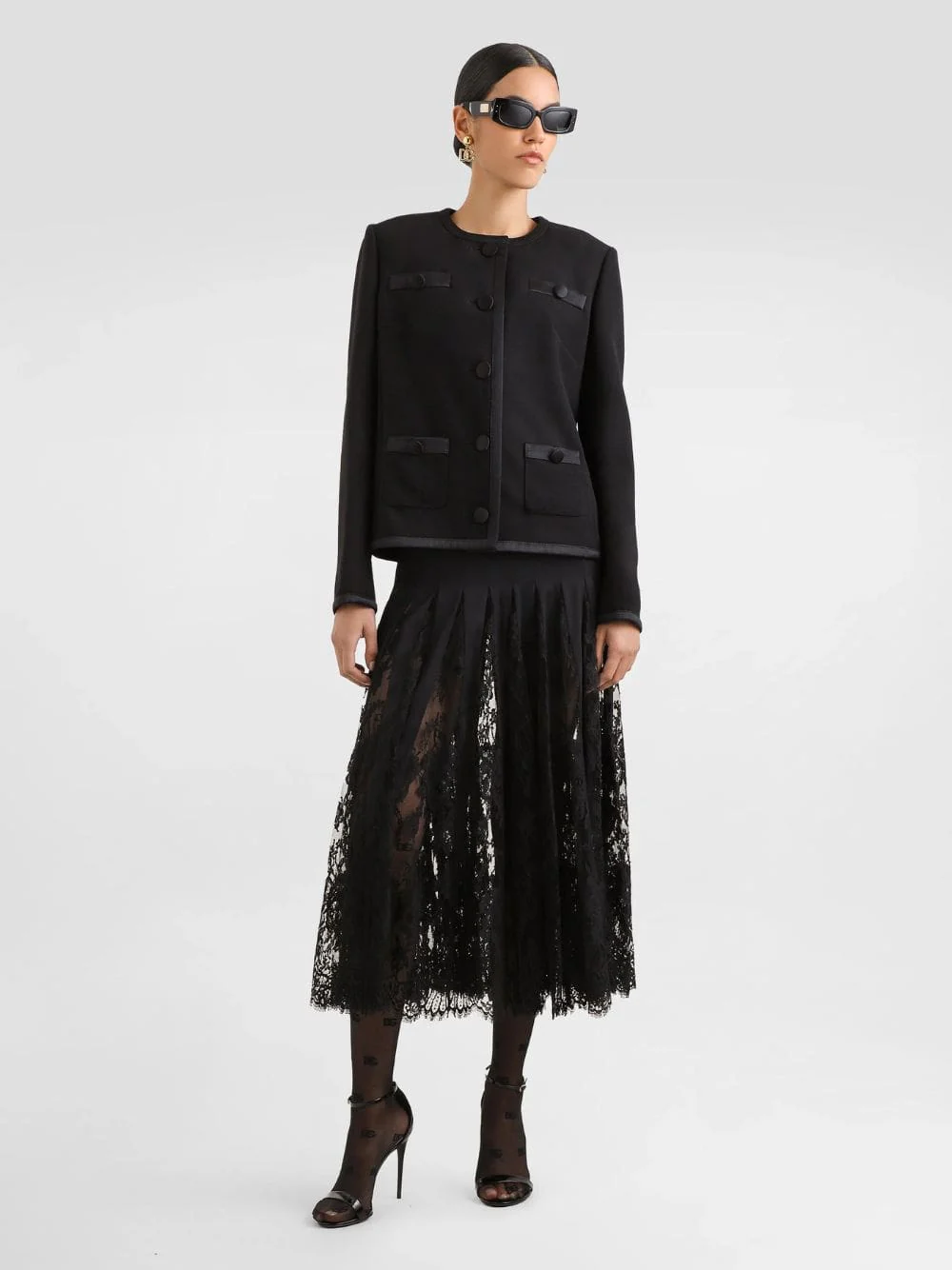 Black Charmeuse and Lace Midi Skirt