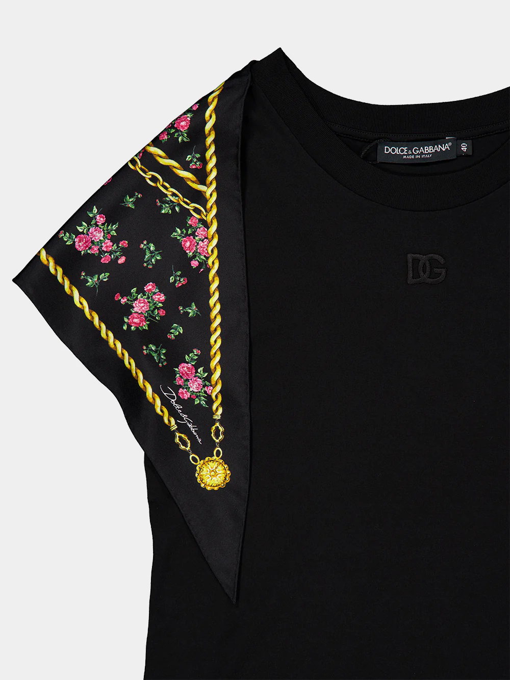 Black Cotton T-Shirt with Scarf Detail - Image 3