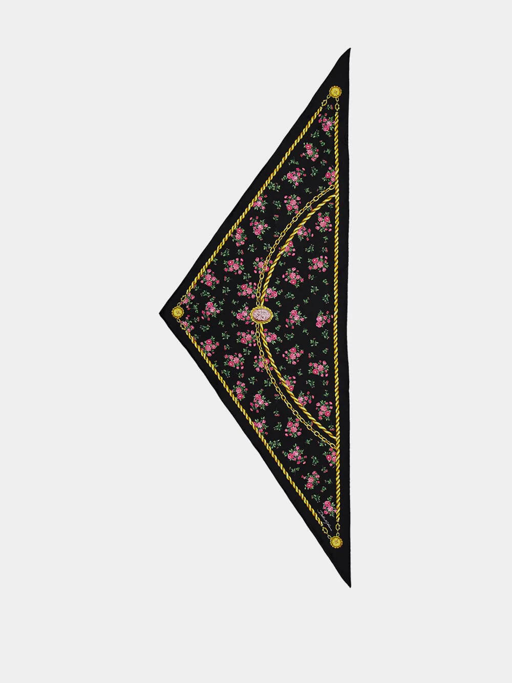 Black Floral and Chain Print Triangle Silk Scarf