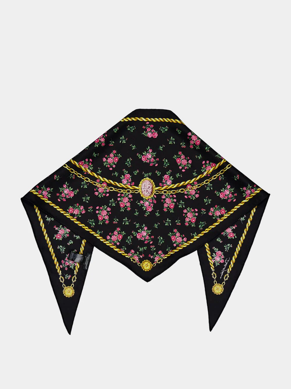 Black Floral and Chain Print Triangle Silk Scarf - Image 2