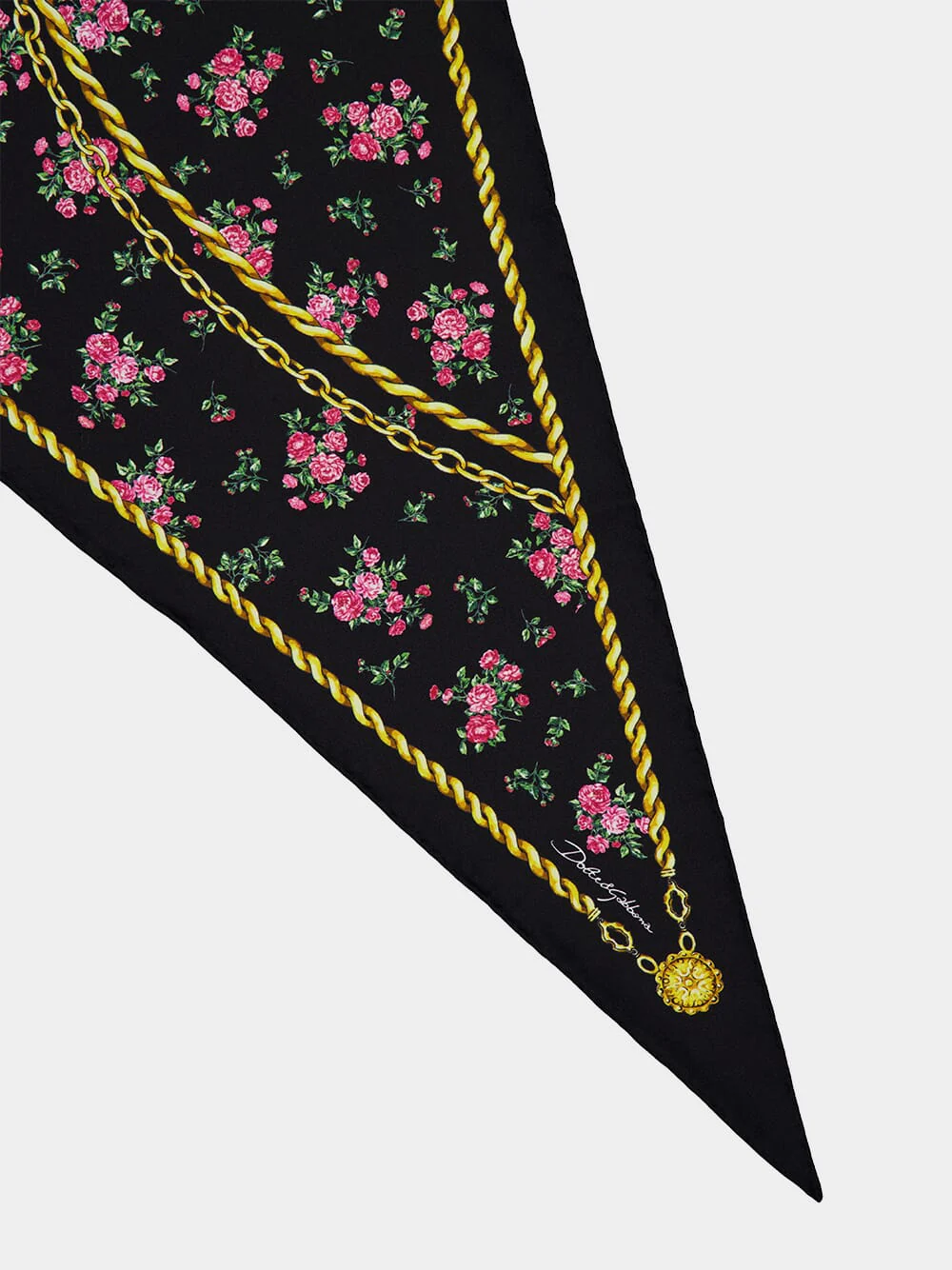 Black Floral and Chain Print Triangle Silk Scarf - Image 3