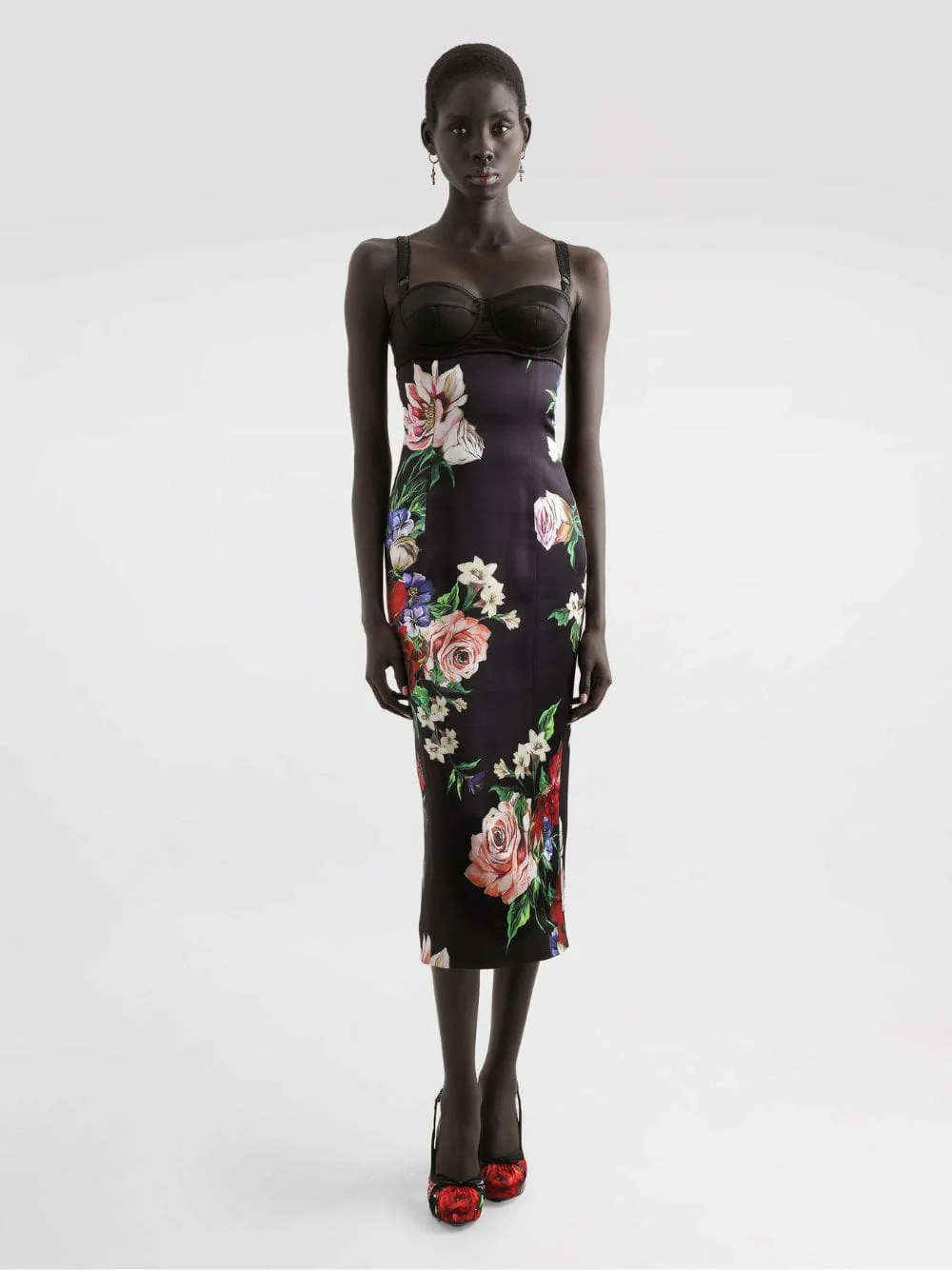 Black Floral Satin Slip Dress with Bra Detail - Image 2