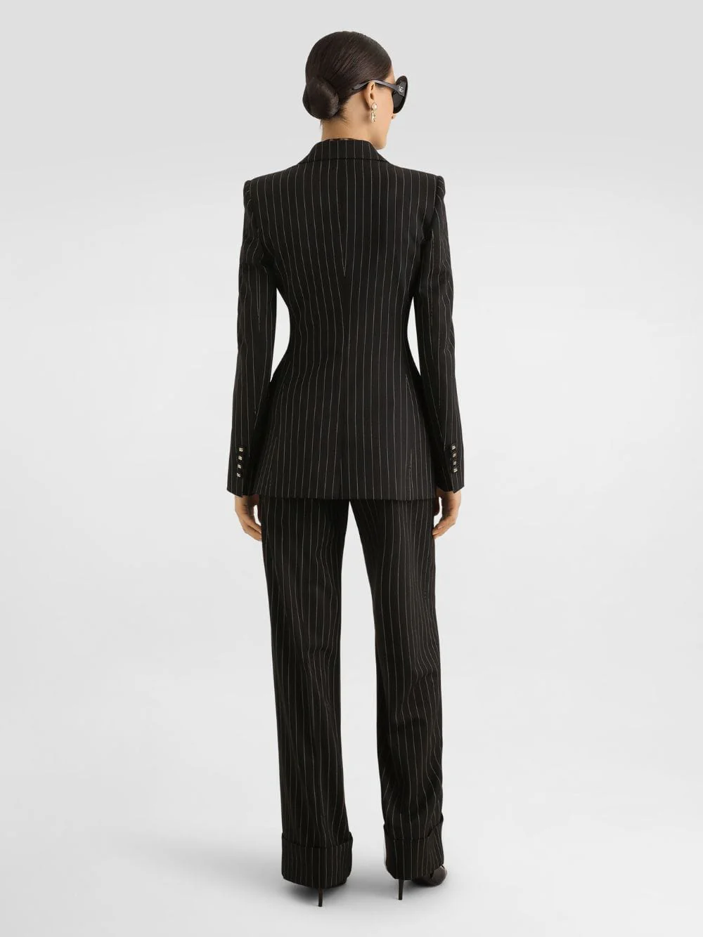 Black Pinstripe Bi-Stretch Wool Trousers - Image 4