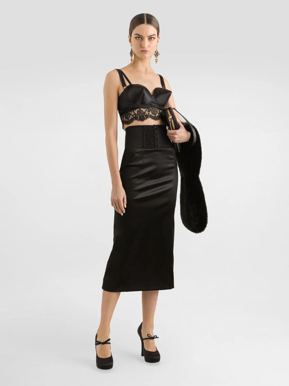 Black Satin Corset-Belt Midi Skirt - Image 7