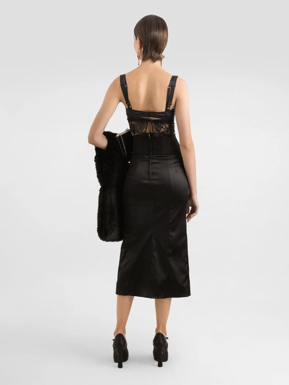 Black Satin Corset-Belt Midi Skirt - Image 9
