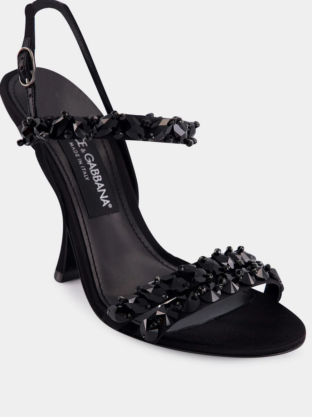 Black Satin Rhinestone High-Heel Sandals - Image 7