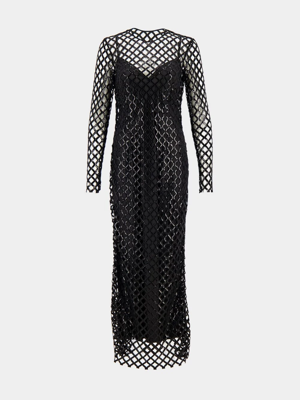 Black Sequin Mesh Long Sleeve Maxi Dress