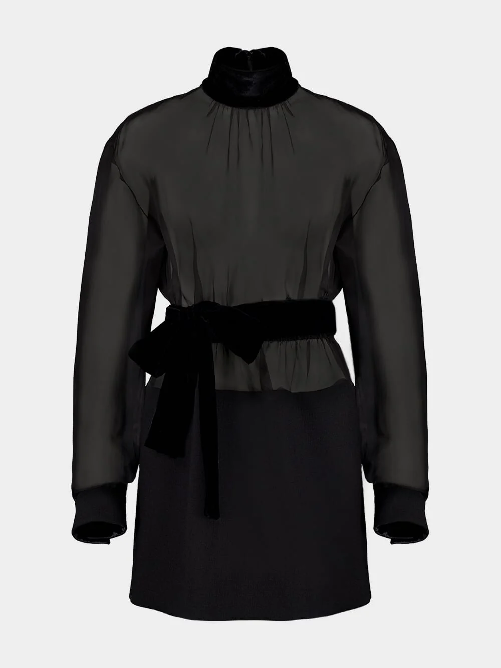 Black Short Wool Crepe and Organza Dress - Image 2