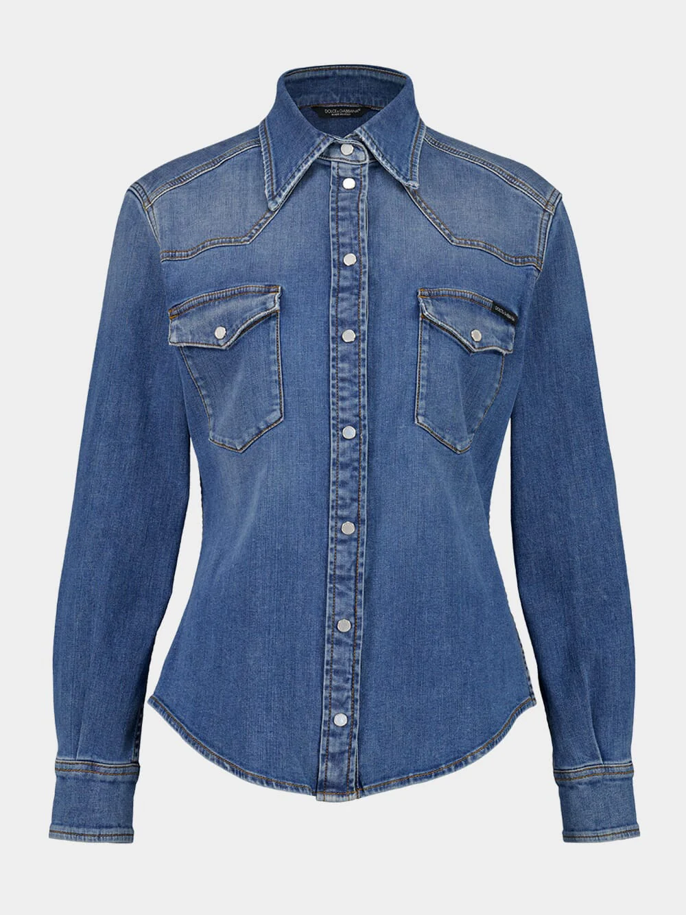 Blue Fitted Denim Shirt with Western Stitching