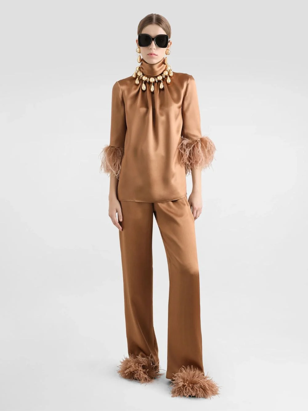 Brown Double Silk Satin Pajama Pants - Image 2