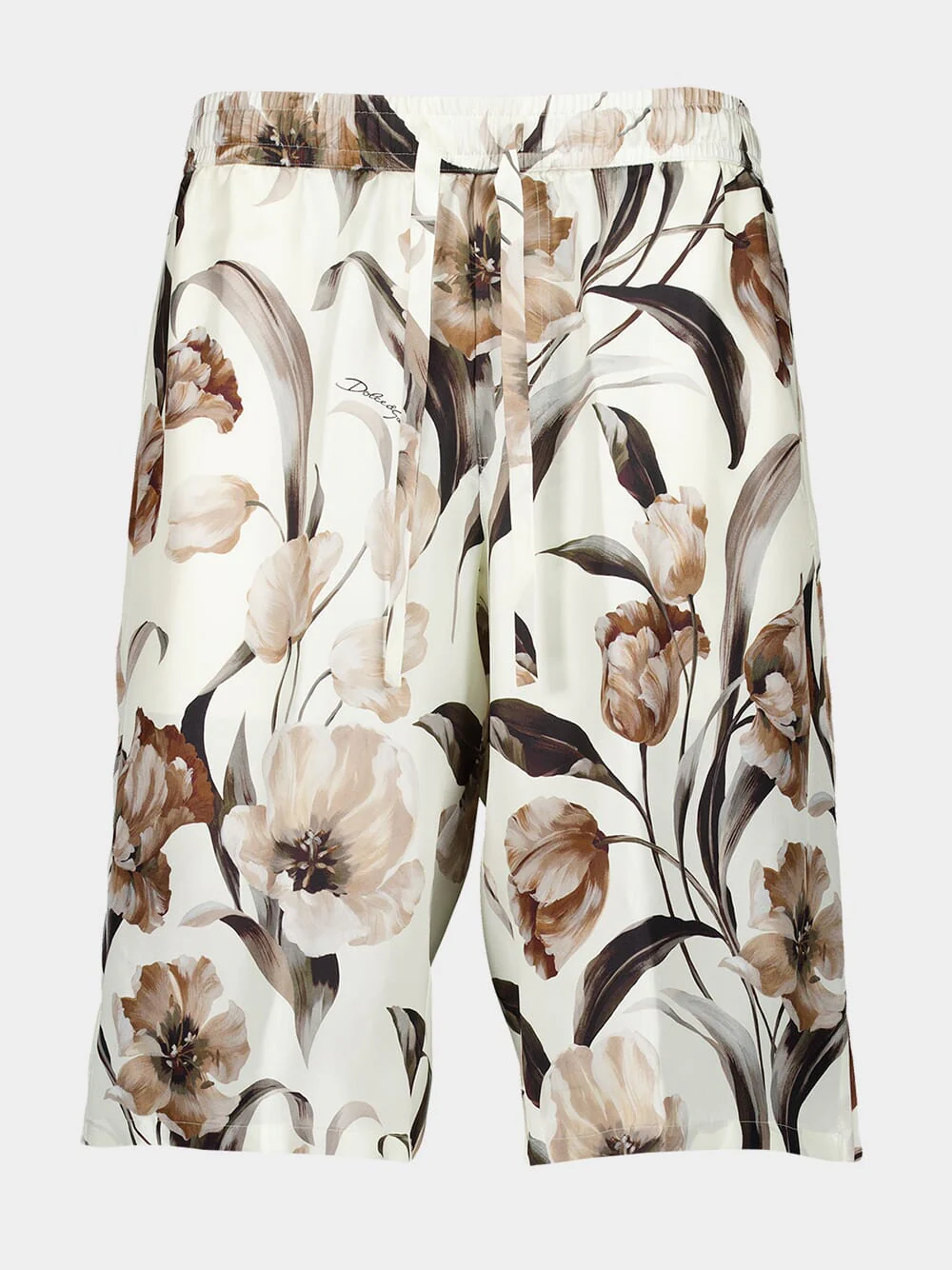 Beige Silk Hawaiian Shorts with Tulip Print