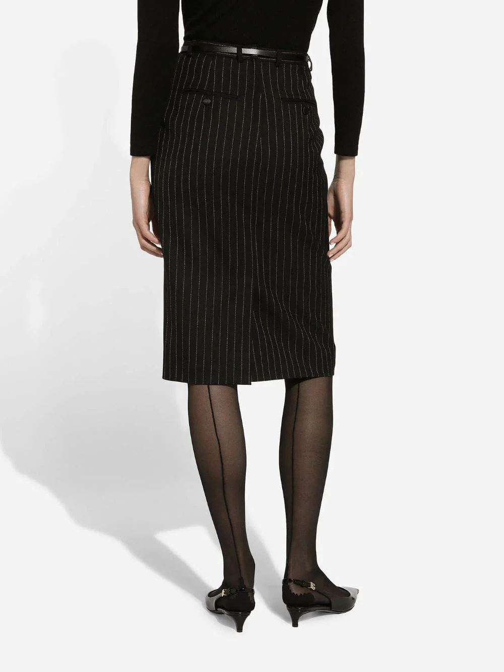Black Pinstripe Wool Pencil Skirt - Image 4