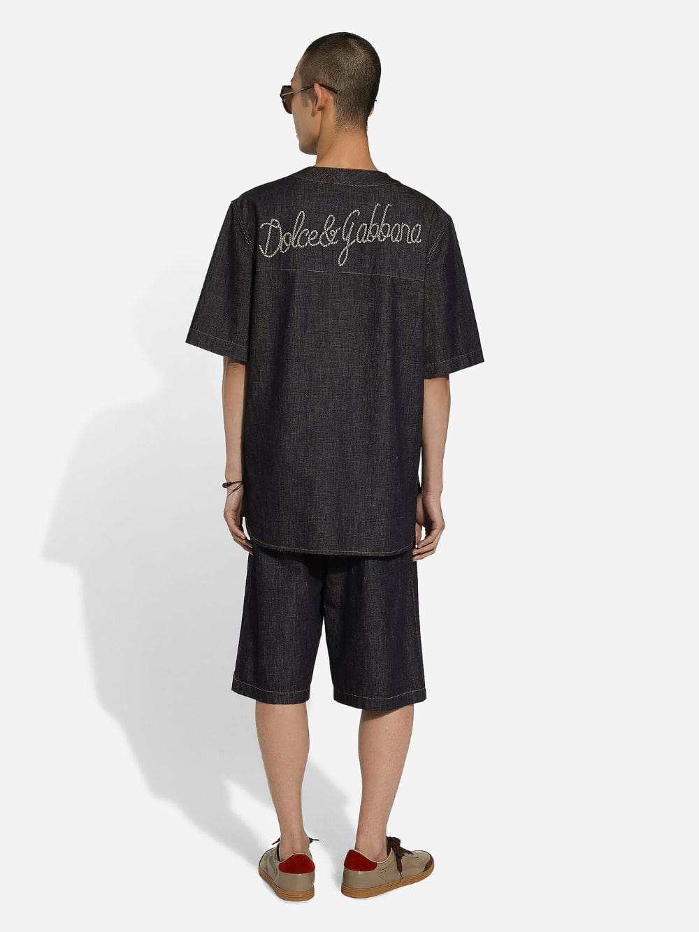 Cotton Denim Jogging Shorts With Embroidery - Image 4