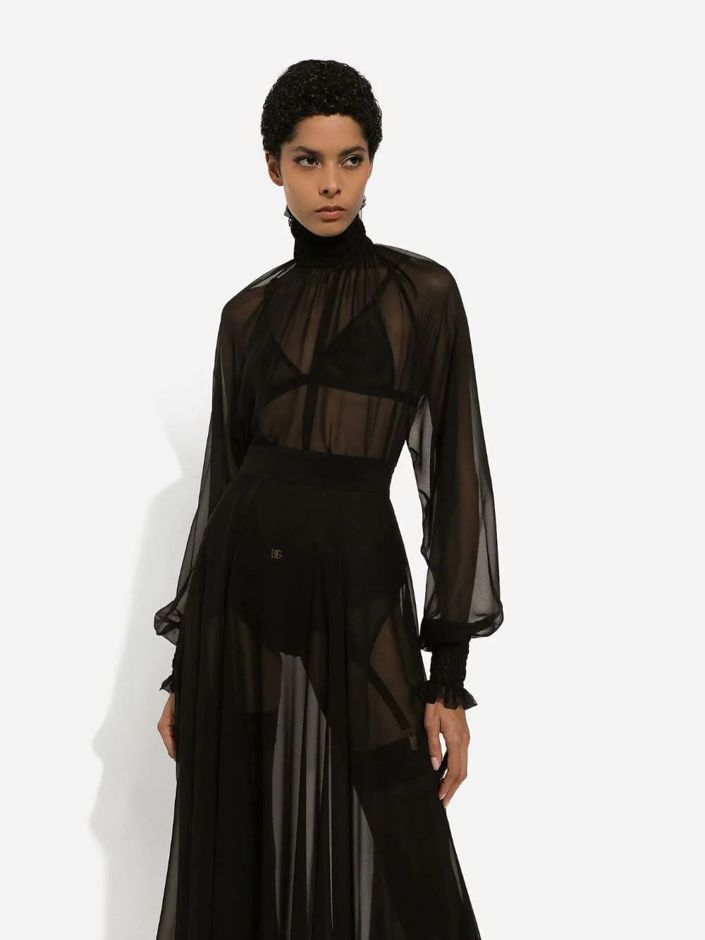 Smock-Stitched Chiffon Blouse