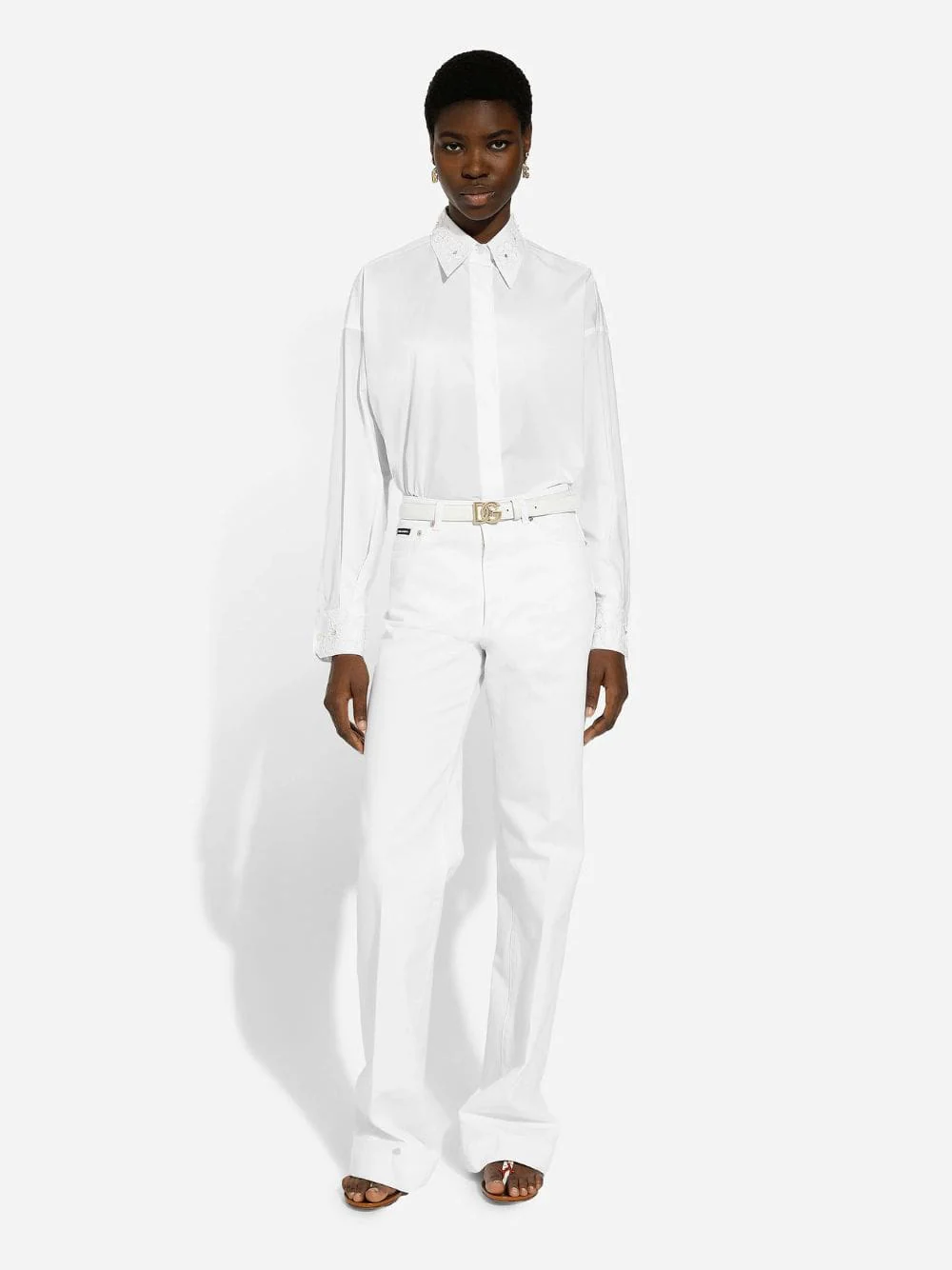White Cotton Shirt with Embroidered Collar - Image 2