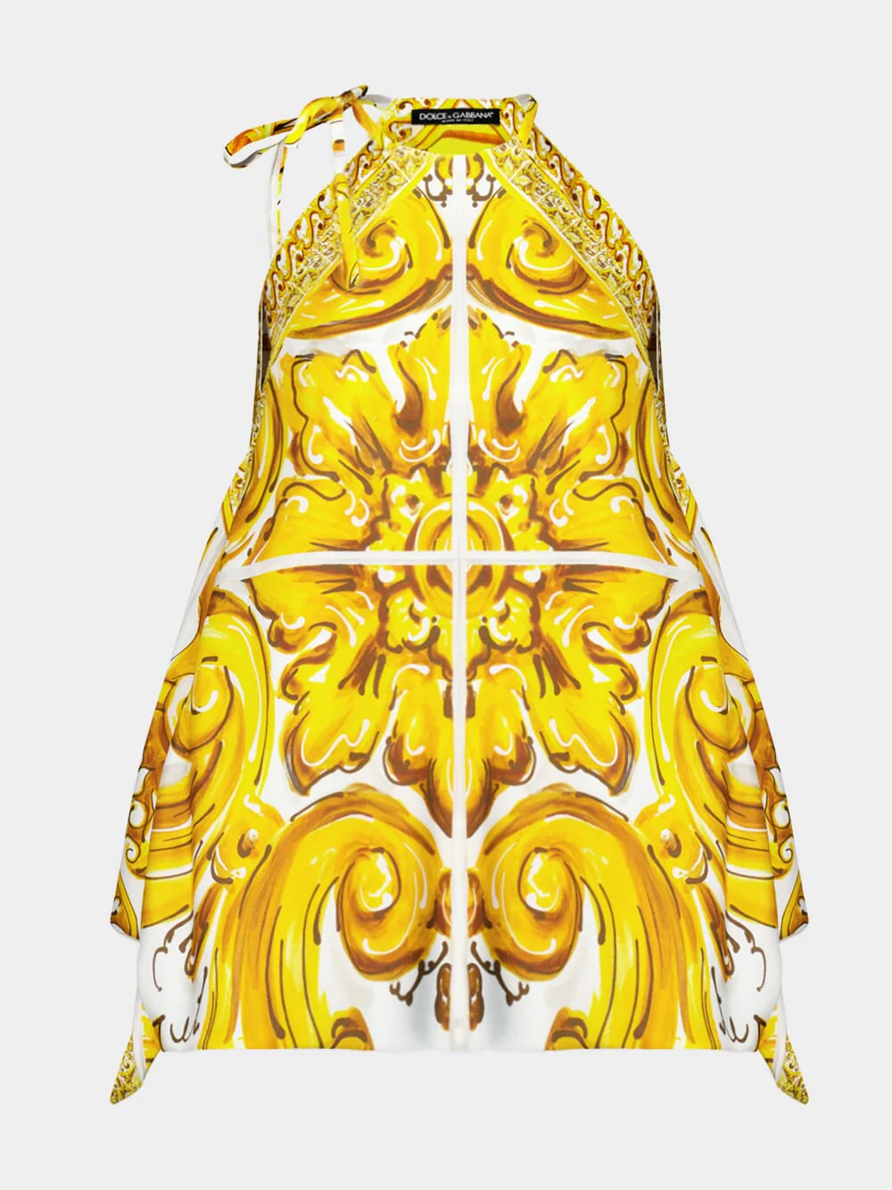 Yellow Majolica Print Silk Twill Halterneck Top