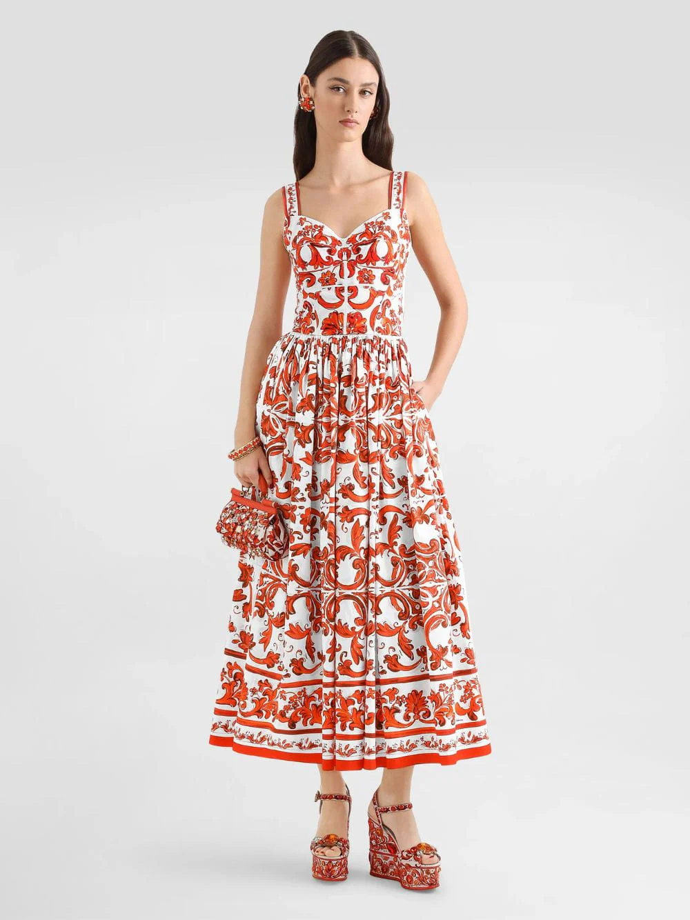 Orange Majolica-Print Long Poplin Dress