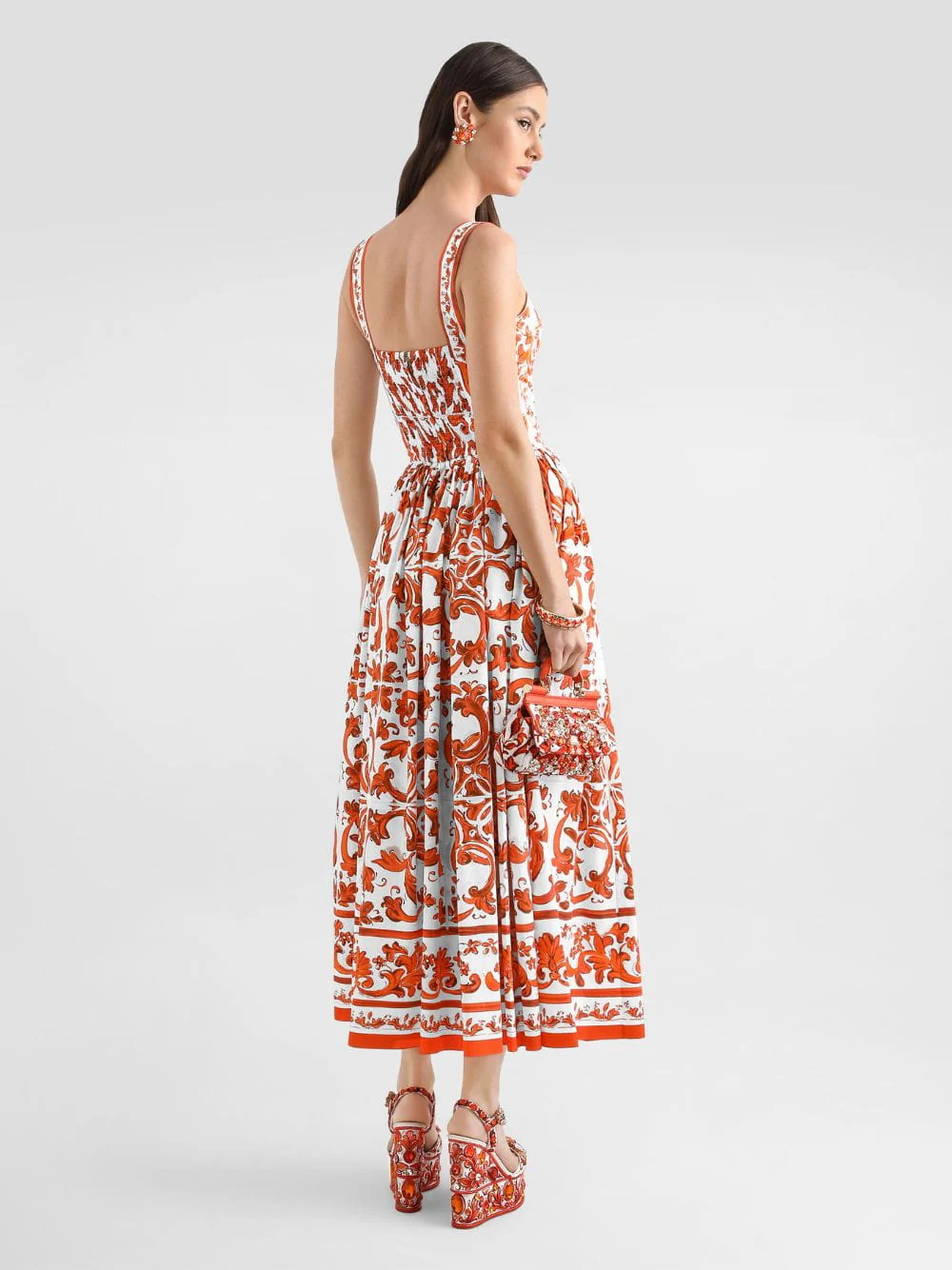 Orange Majolica-Print Long Poplin Dress - Image 3