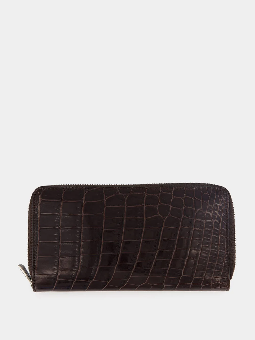 Ebony Brown Crocodile Leather Zip Wallet
