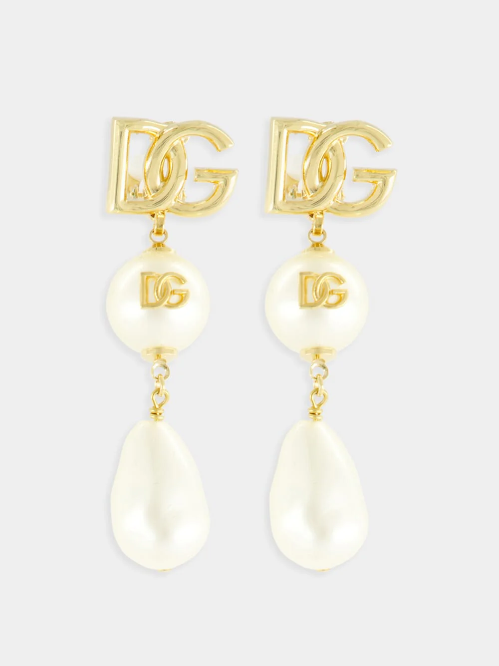 Gold Drop Earrings with DG Logo and Teardrop Accents