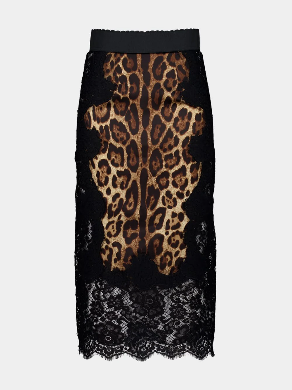 Leopard-Print Satin Midi Skirt with Lace Inserts