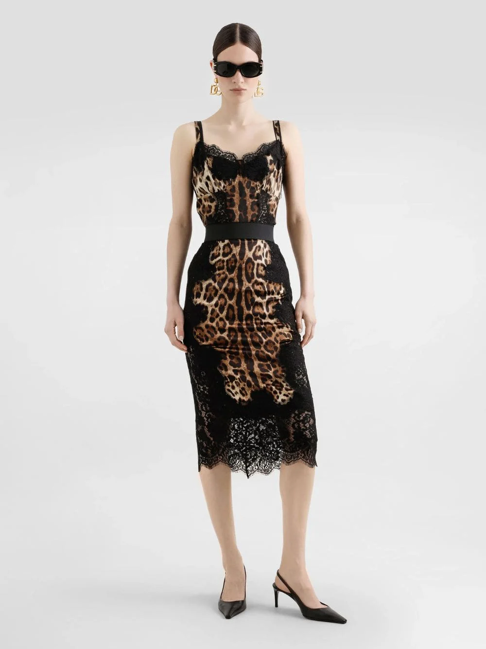 Leopard-Print Satin Midi Skirt with Lace Inserts - Image 2