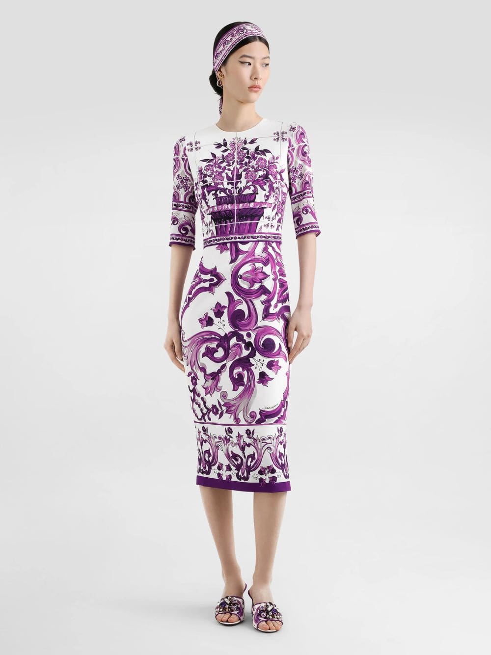 Majolica-Print Fitted Charmeuse Dress - Image 2