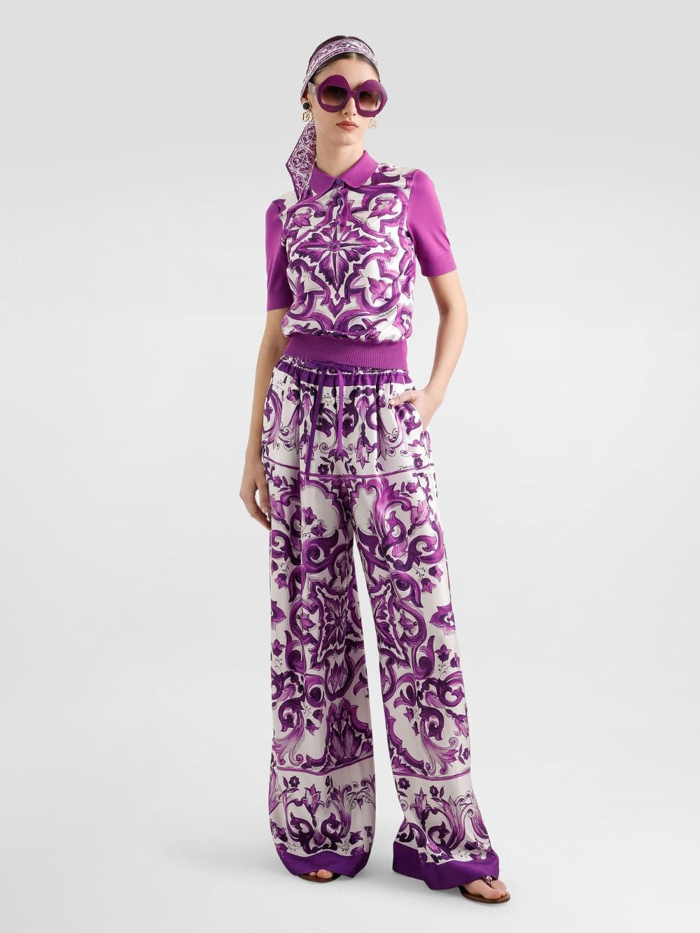 Majolica-Print Silk Twill Wide-Leg Trousers