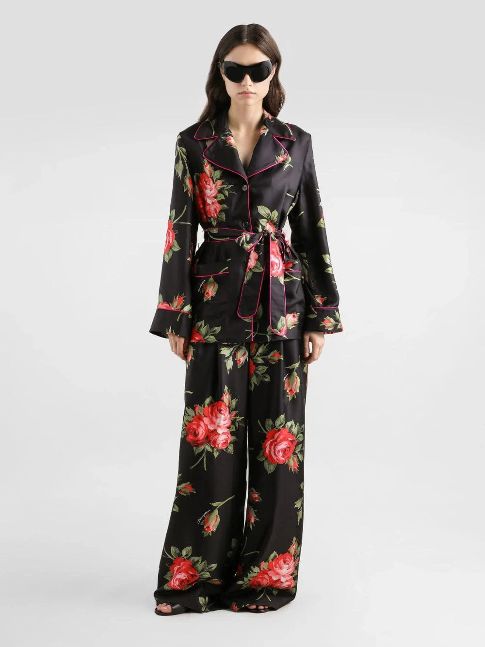 Rose Bouquet-Print Wide Twill Trousers