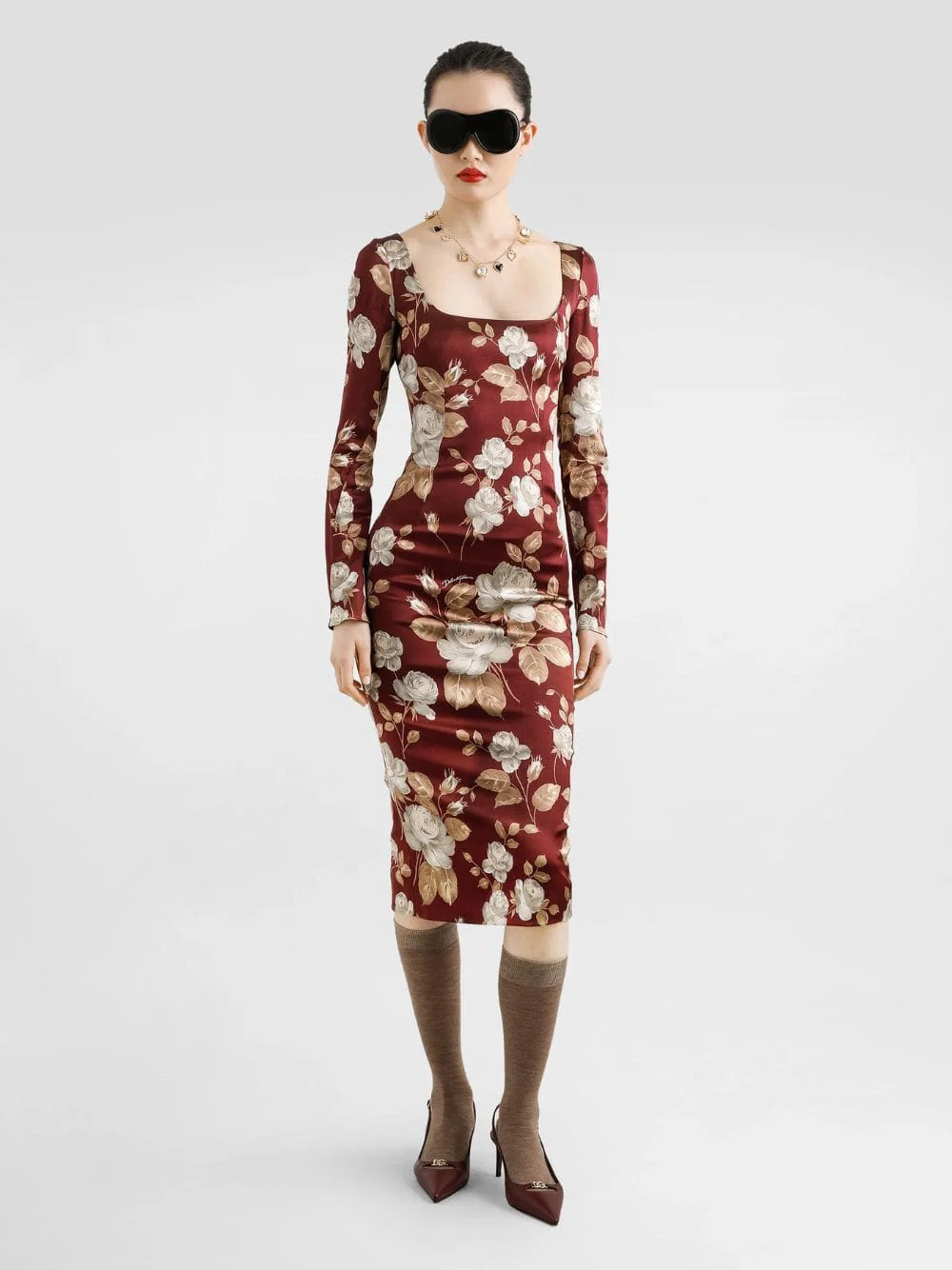 Vintage Rose-Print Satin Midi Dress