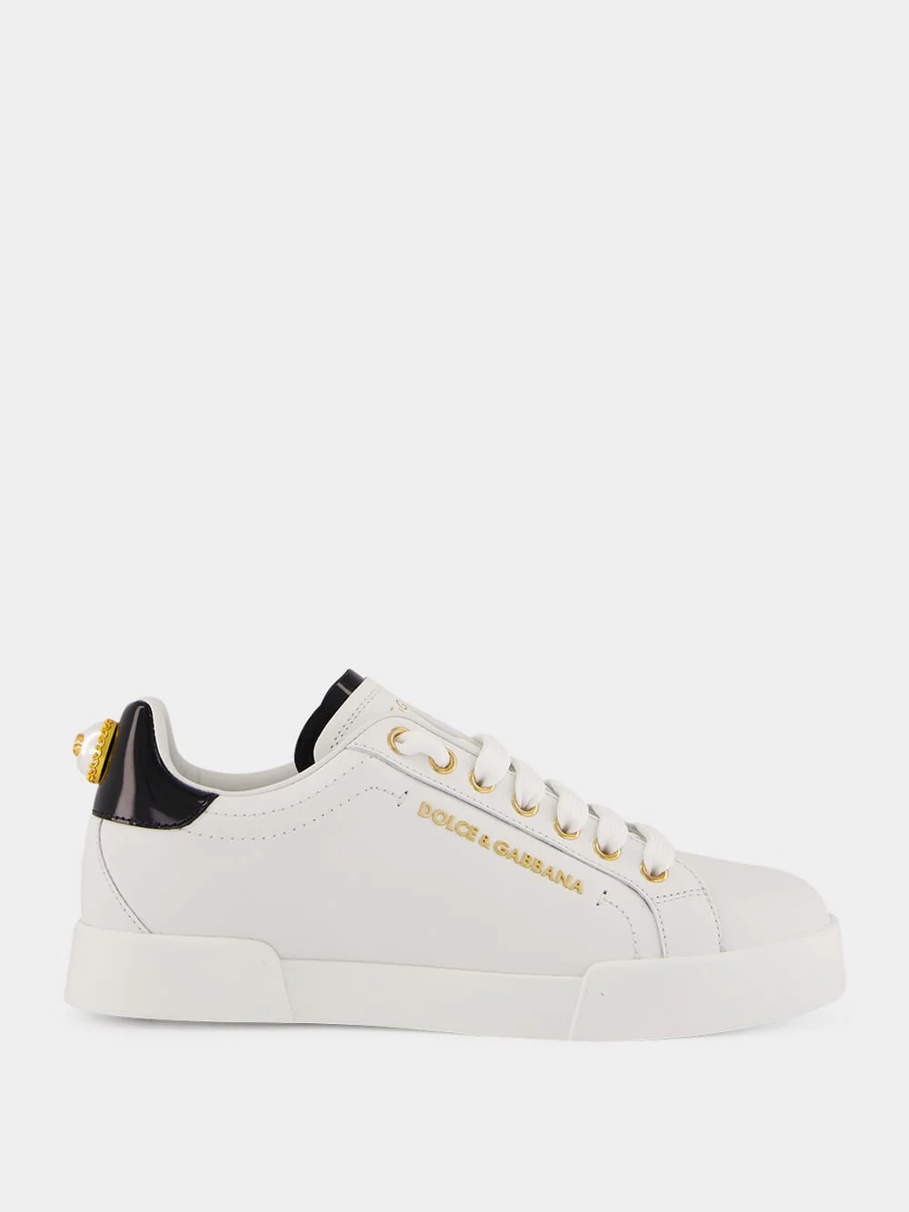 White and Gold Leather Low-Top Sneakers