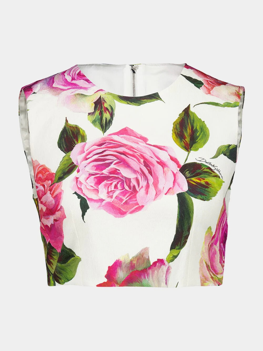 White Cotton Crop Top with Rose Print