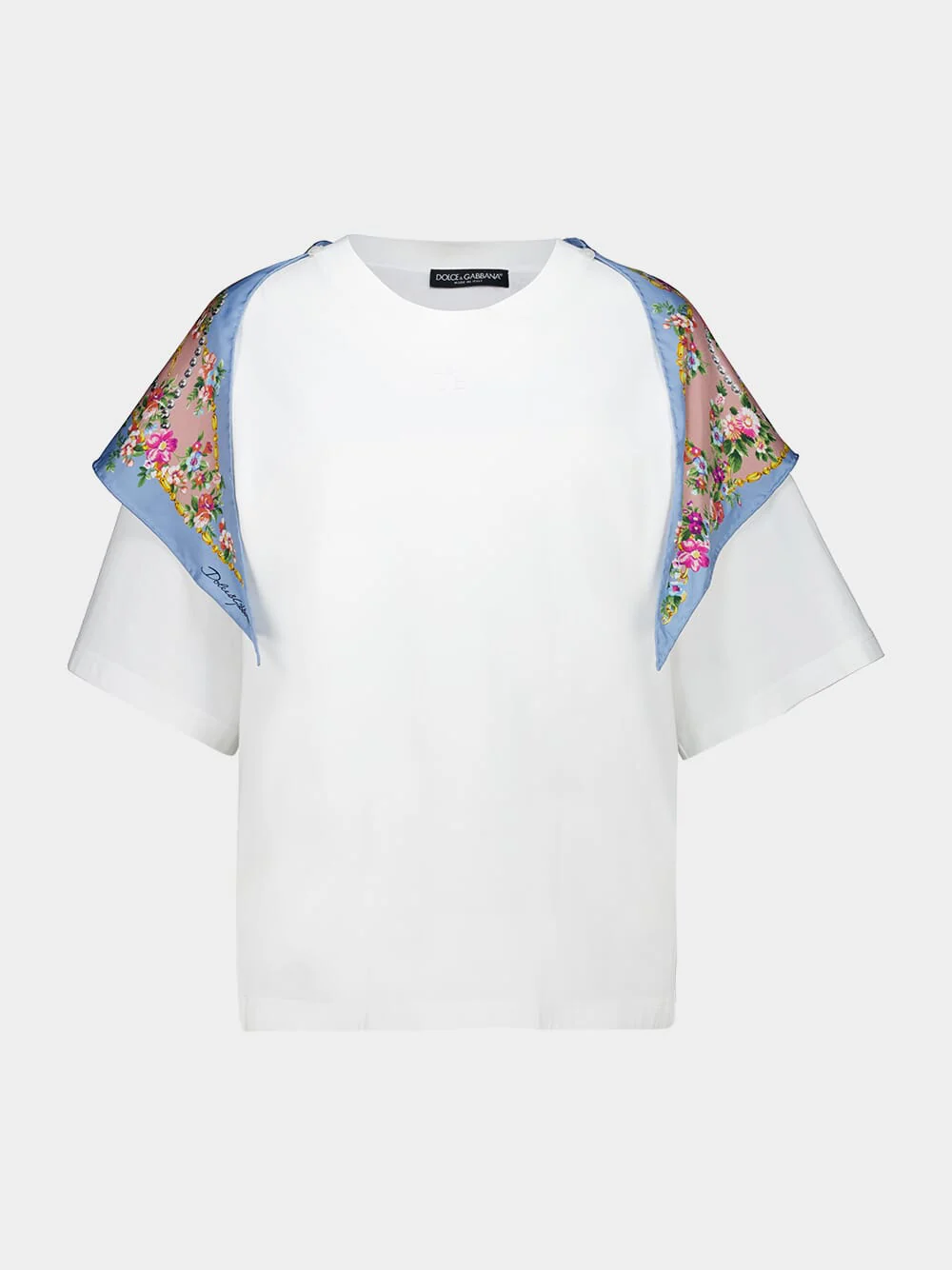 White Cotton T-Shirt with Floral Twill