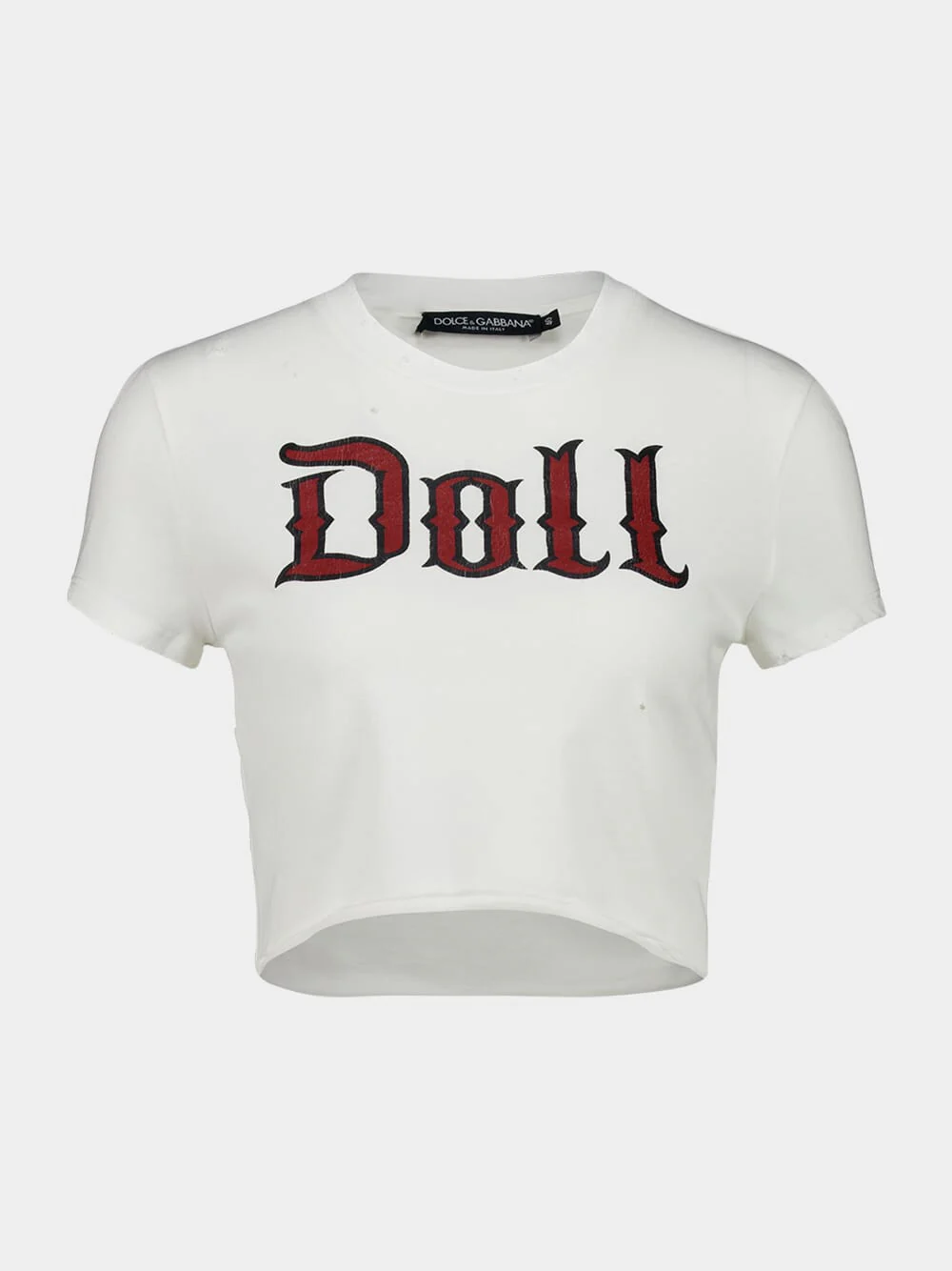 White Cropped Jersey T-Shirt with "Doll" Print