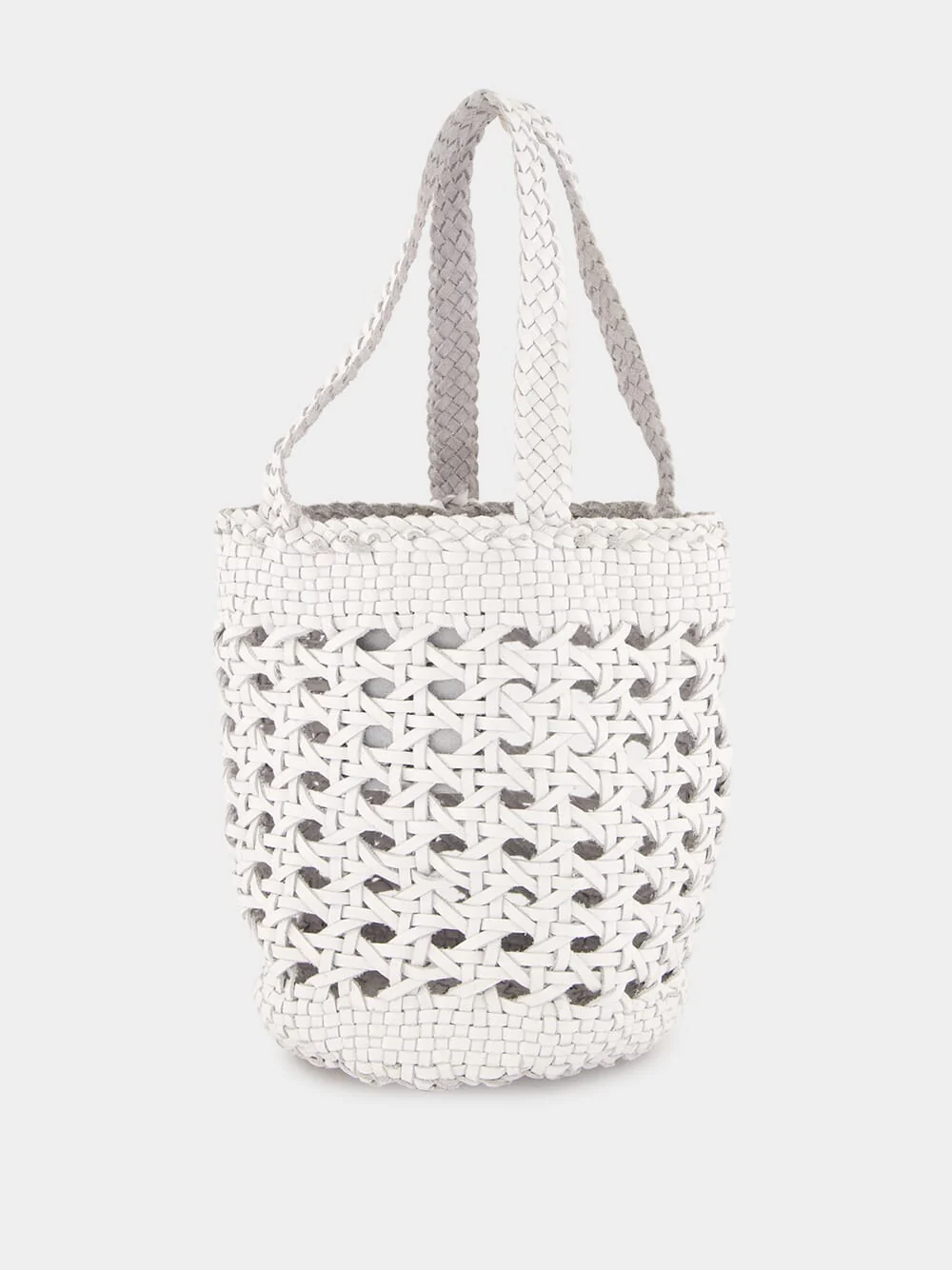 White Handwoven Leather Bucket Bag - Image 4