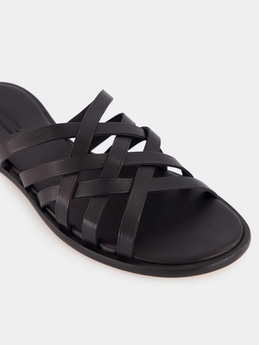 Black Woven Leather Flat Sandals - Image 6