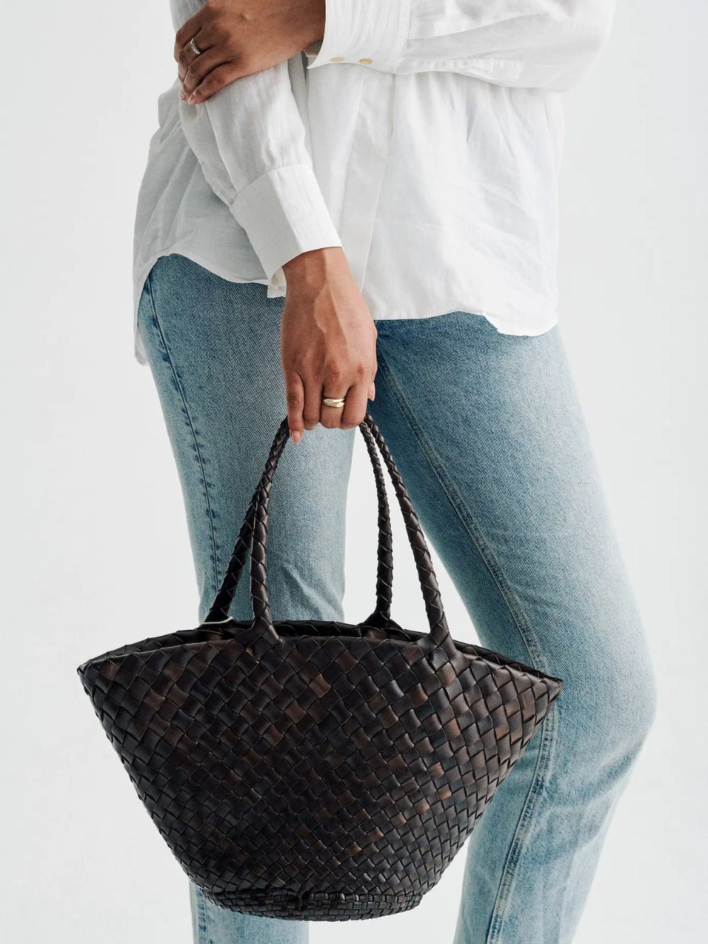 Dark Brown Egola Woven Leather Basket Bag - Image 4