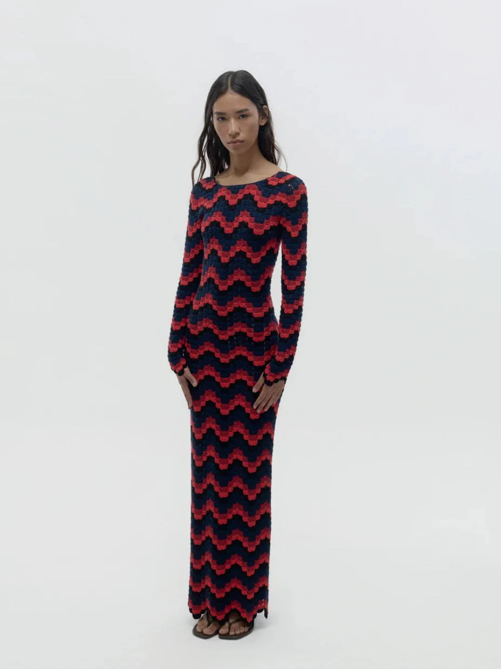 Red and Navy Ursula Hand-Crocheted Maxi Dress
