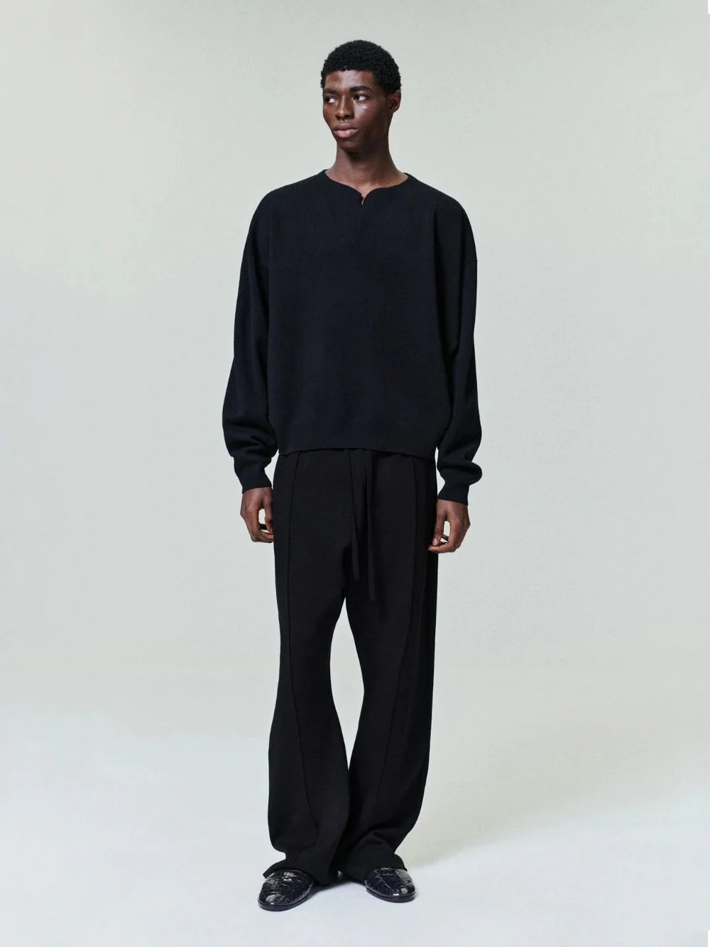 Black Merino Wool Knit Henley Sweater