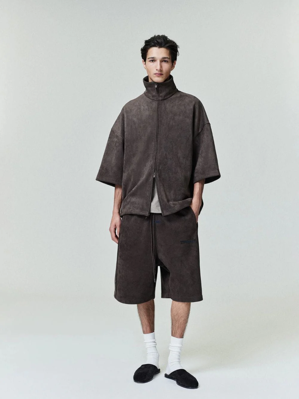 Brown Suede Fleece Relaxed Shorts