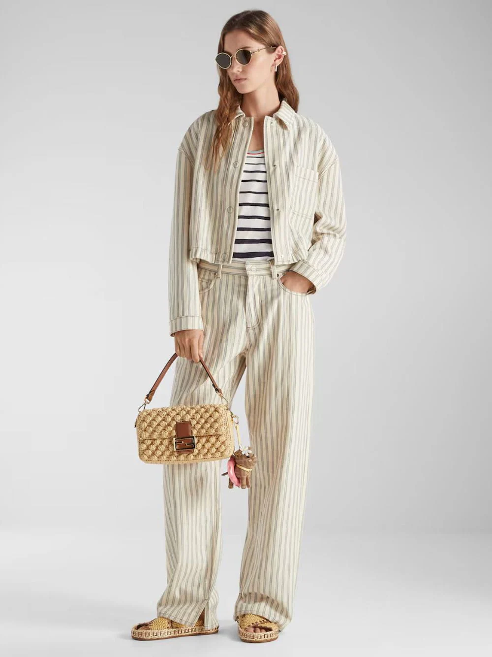Beige FF Denim Jacket with Light Blue Stripes - Image 2