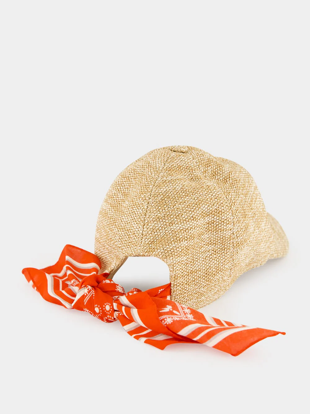 Beige Raffia Cap with Coral Foulard - Image 2