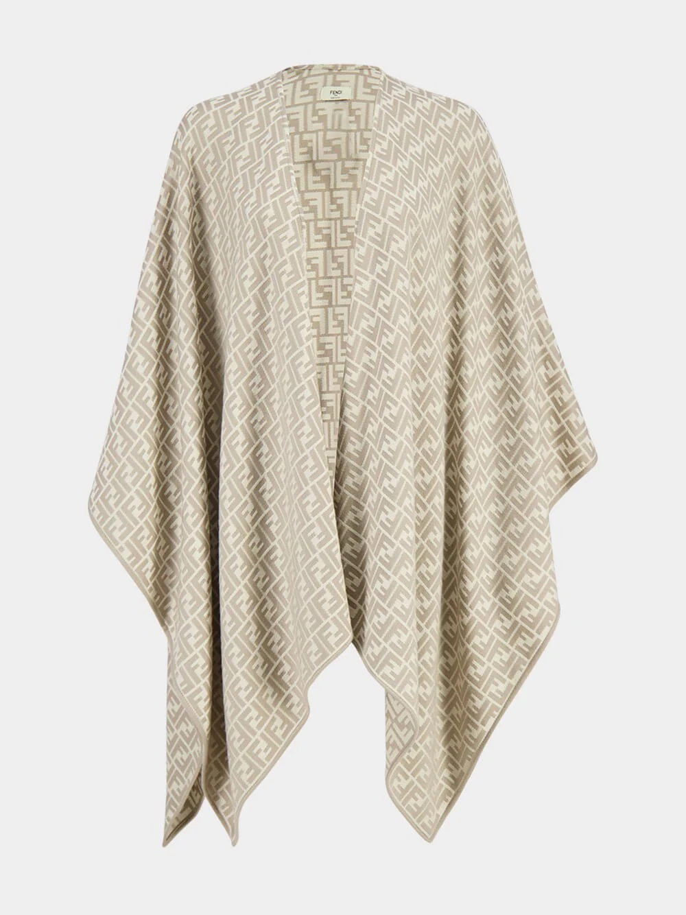 Beige Wool-Silk Jacquard FF Poncho