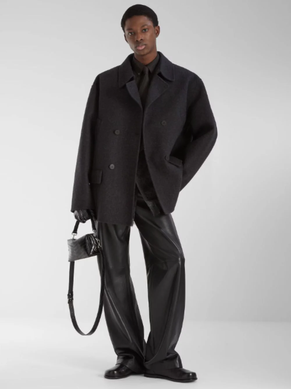 Black Wool Mélange Pea Coat - Image 2