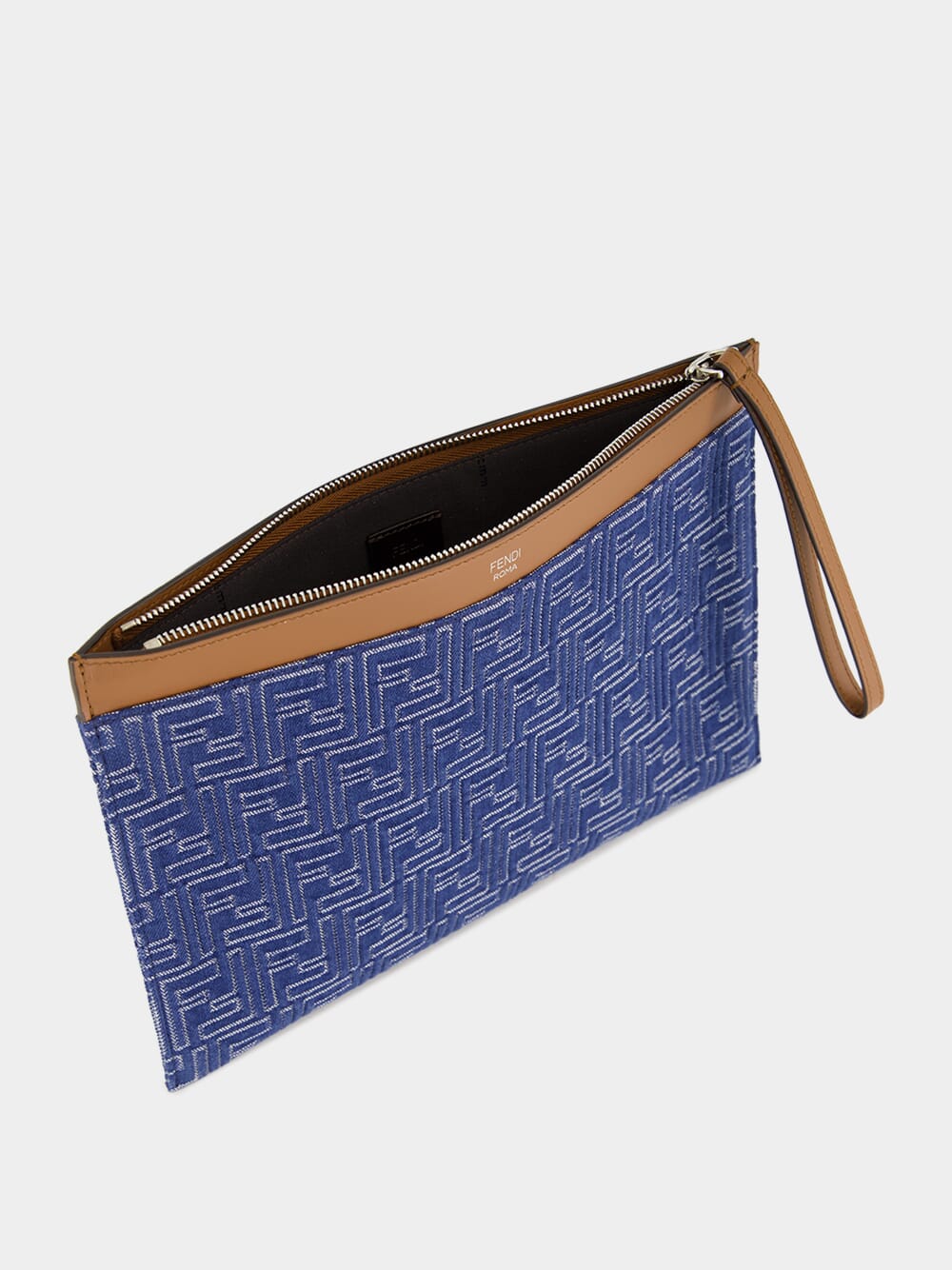 Blue FF Jacquard & Leather Flat Pouch - Image 3