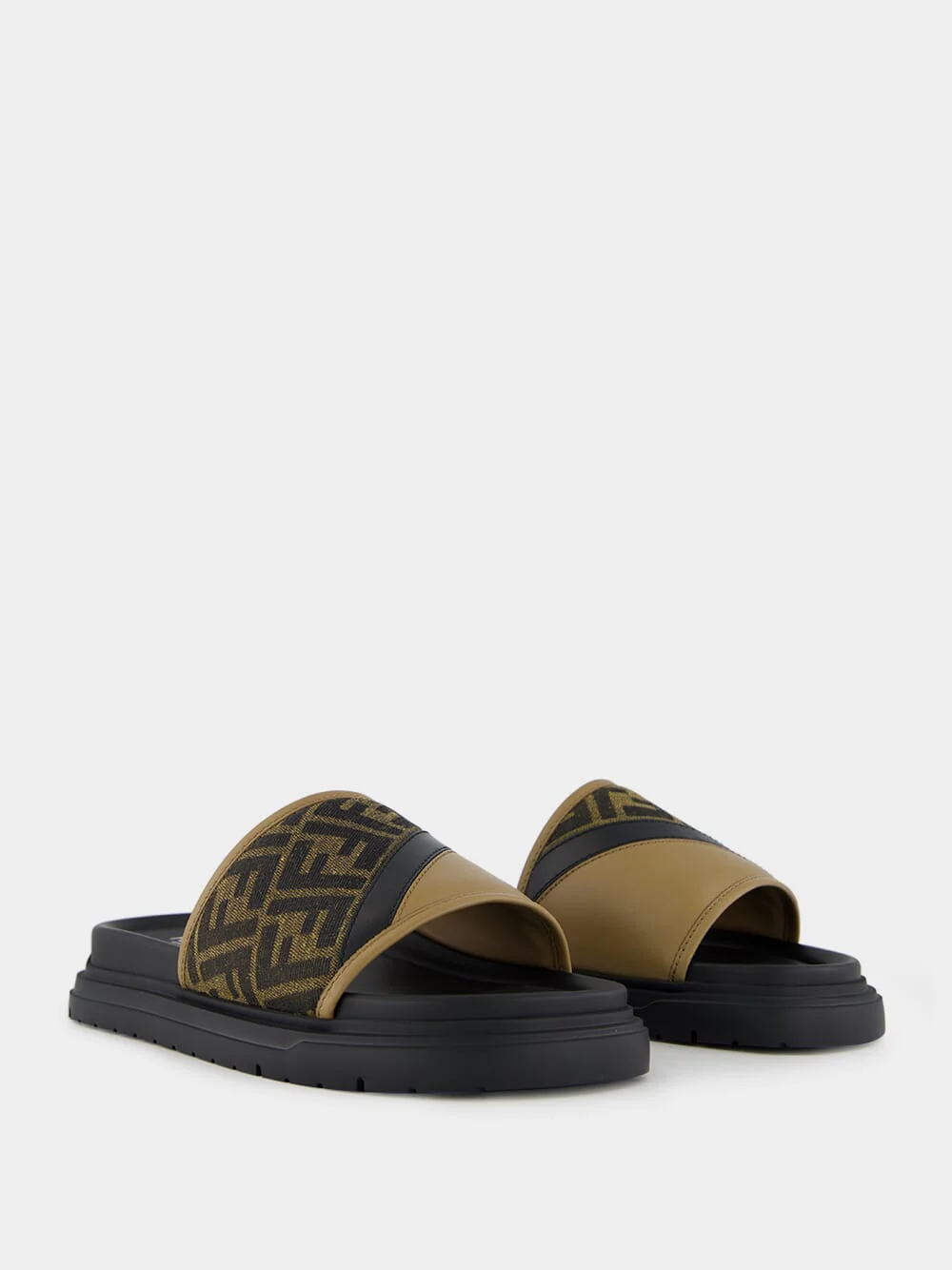Brown FF Jacquard and Beige Leather Slides - Image 12