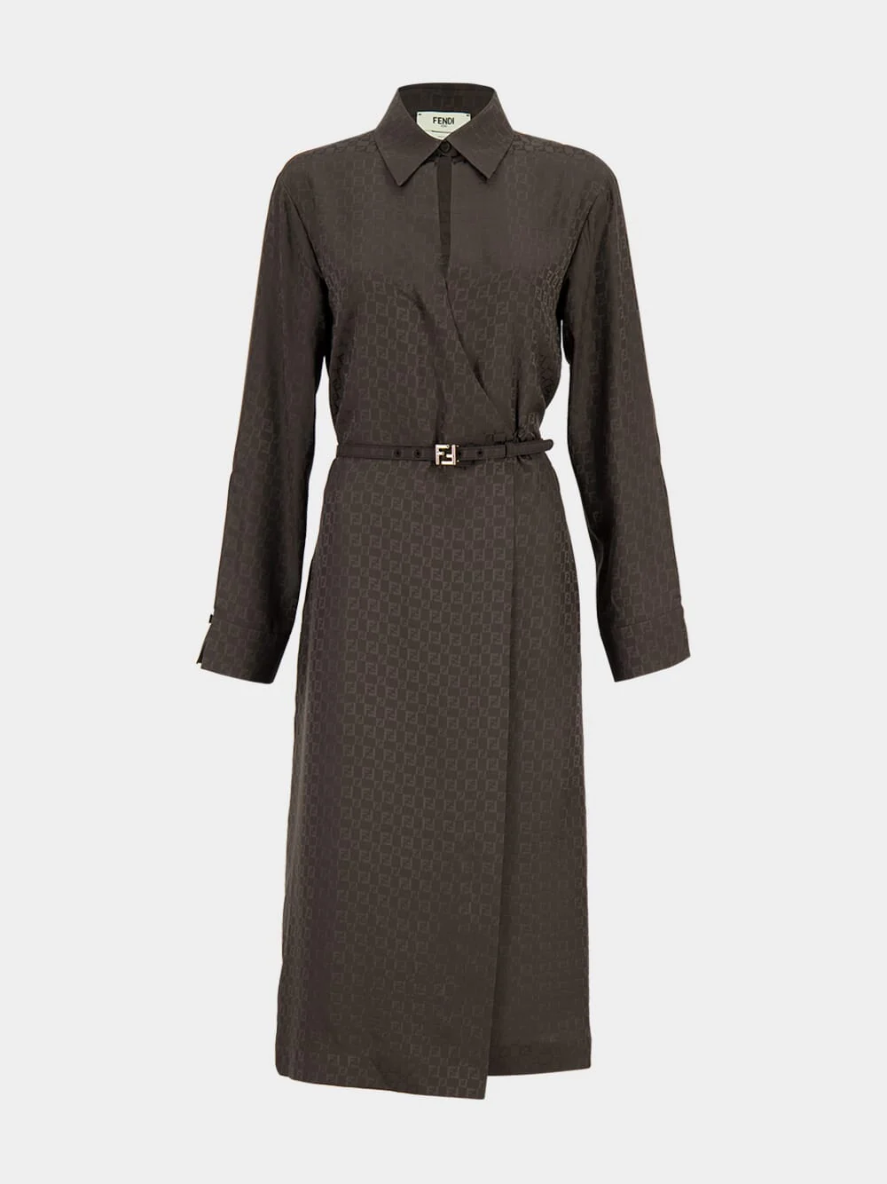 Brown FF Jacquard Silk Midi Shirt Dress