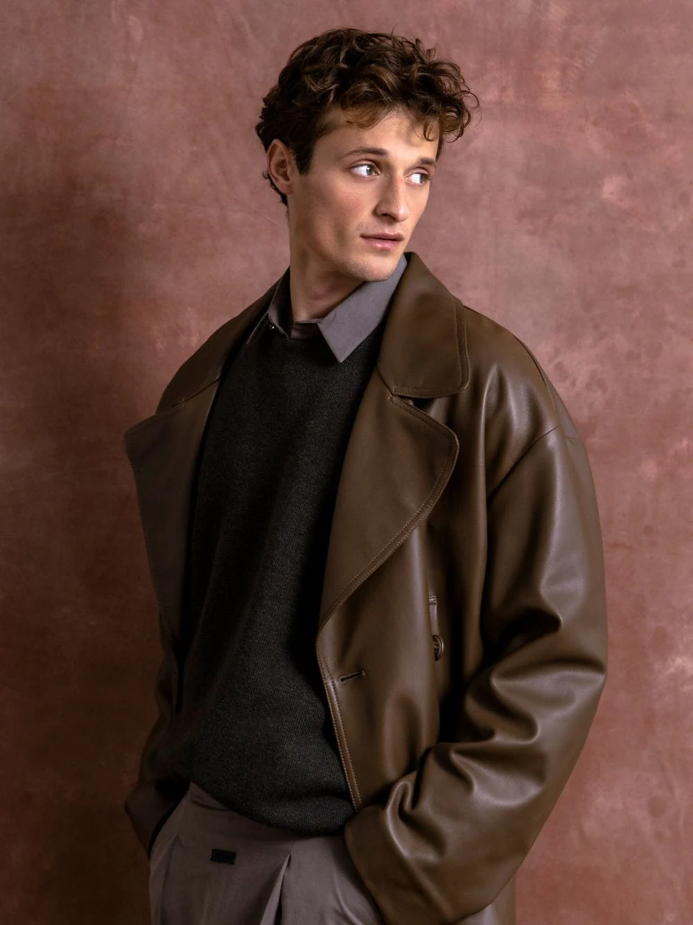 Brown Leather Pea Coat - Image 2