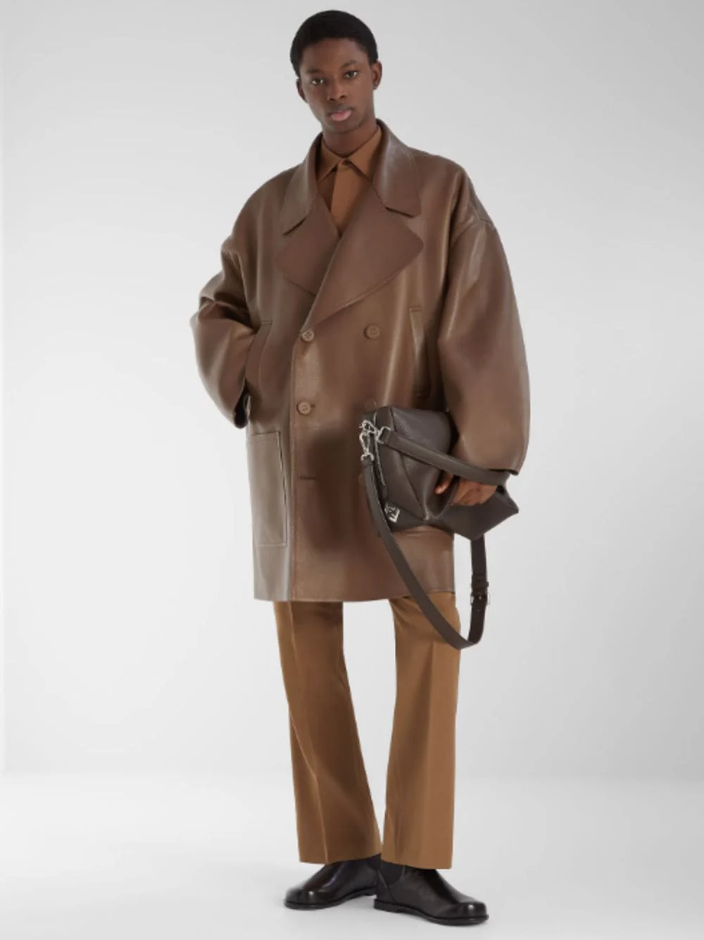 Brown Leather Pea Coat - Image 7